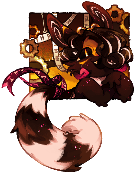 a shoulders-up image of tick, who is exactly as described before. she is in a small box with a brown to yellow gradient filled with gears and ribbons displaying roman numerals. her tail is hanging out of the box, and you can see she is wearing a red ribbon with roman numerals at the base of her tail. bug is looking at the screen and smiling, with her elbows leaning over the edge of the box and their paws under bugs chin.